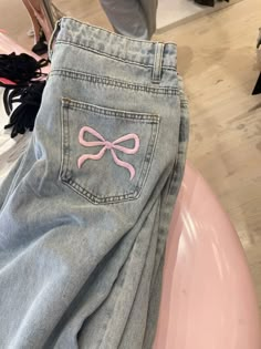 Ribbon Jeans Aesthetic, Bow On Jeans, Jeans With Bows On The Side, Jeans With Bows, Jeans With Bows On Pockets, Edited Bow Jeans, Hollister Bow Jeans, Bow Jeans