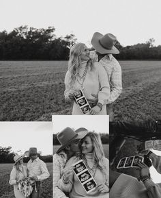 black and white photos of two people standing in a field, one holding a camera while the other is wearing a cowboy hat