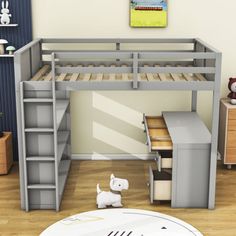 a loft bed with desk underneath it in a child's bedroom or playroom