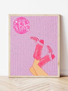 a pink painting with a woman's legs in heels and a disco ball above her head