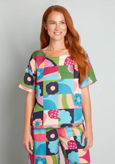 Patchwork Playground Top | ModCloth Vintage Style Swimwear, Casual Dresses Plus Size, Princess Highway, Open Sleeves, Midi Dress Plus Size, Rainbow Outfit, Feminine Blouses, Vintage Swimwear, Stylish Top