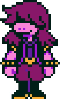 an old school pixel art character with purple hair