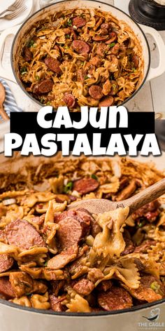 the recipe for cajun pasta with sausage and mushrooms is shown in a skillet