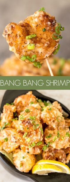 a plate with some food on it and the words banc bang shrimp above it