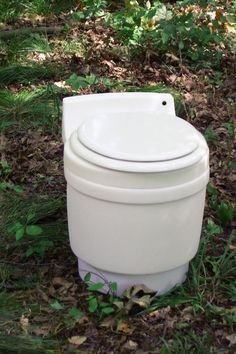 a white toilet sitting in the grass next to trees