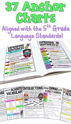 an open book with text that reads 37 anchor chairs aligned with the 5th grade language standards