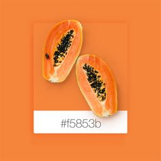 two pieces of papaya on an orange background with the word d585b below it