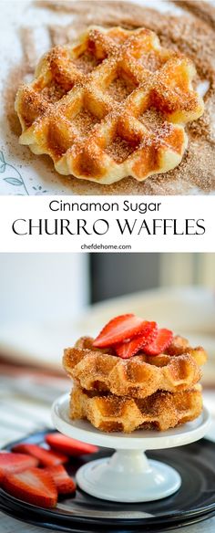 cinnamon sugar churro waffles are stacked on top of each other with strawberries