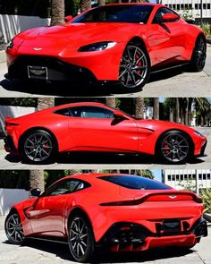 three different views of a red sports car