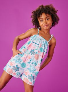 New this season! Our in-house artists created this vibrant ocean print for this easy-to-wear romper. Adjustable shoulder ties and on-seam pockets will make this a warm weather wardrobe favorite. 100% soft and lightweight cotton jersey. Thigh length. Matching family styles are available in our Sibling Shop. Casual Floral Print Bubble Romper For Playtime, Casual Blue Bubble Romper For Spring, Blue Summer Bubble Romper For The Beach, Blue Summer Bubble Romper For Beach, Casual Bubble Romper For Spring Playdates, Casual Cotton Bubble Romper For Beach, Casual Spring Bubble Romper For Playdate, Summer Floral Print Bubble Romper For Playdate, Summer Cotton Bubble Romper For Loungewear