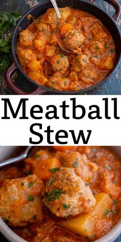 meatball stew with potatoes and parmesan cheese in a skillet on the side