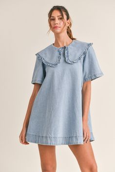 Rosie Denim Dress Quirky Dress, Short Sleeve Denim Dress, Church Fits, Peter Pan Collar Dress, Babydoll Style, Denim Mini Dress, Pan Collar, Denim Mini, Light Denim