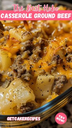 a casserole dish with cheese and ground beef