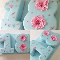 the cake is decorated with blue icing and pink flowers on it's first birthday