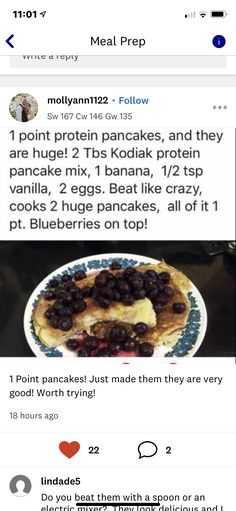 two screenshots showing the same food item on one screen and an image of pancakes with blueberries on top