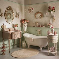 there is a bathtub and sink in this bathroom with pink flowers on the wall