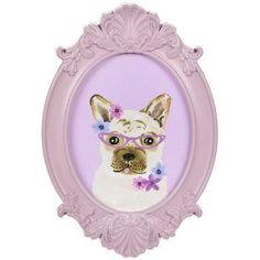 a painting of a dog with glasses on it's face in a pink frame