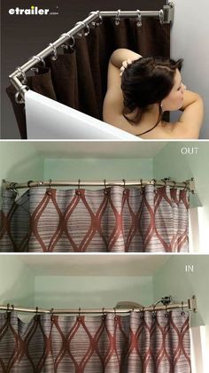 two pictures showing how to hang shower curtains in the bathtub and on the wall