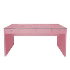 a pink desk with two drawers and a glass top