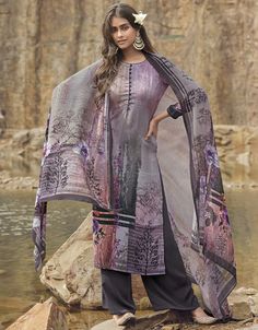 Light Purple Siya Crepe Digital Print Suit Palazzo Elegant Purple Printed Lawn Suit, Fitted Multicolor Unstitched Suit With Digital Print, Purple Long Sleeve Sets With Digital Print, Elegant Purple Printed Set, Suit Palazzo, Purple Dupatta, Plus Size Suit, Purple Bottom, Chic Plus Size