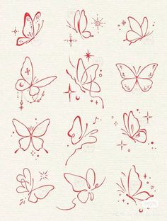 red butterflies on white paper with stars and sparkles in the background, set of nine