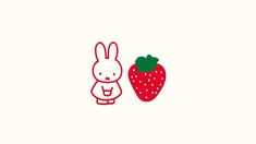 a drawing of a rabbit next to a strawberry