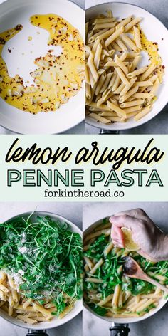 four pictures showing how to make lemon arugula penne pasta