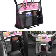 two pictures of the inside of a car, one with a pink purse on it