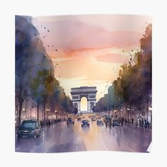 watercolor painting of the eiffel tower in paris, france at sunset poster