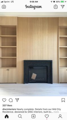 an instagram page with a fireplace and bookshelves