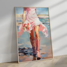 a painting of a woman in pink dress and cowboy boots holding a bouquet of flowers