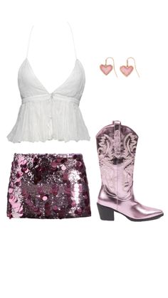 a white top and pink sequin skirt with cowboy boots