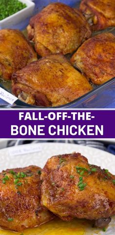 two pictures with different types of food in them and the words fall - off - the - bone chicken