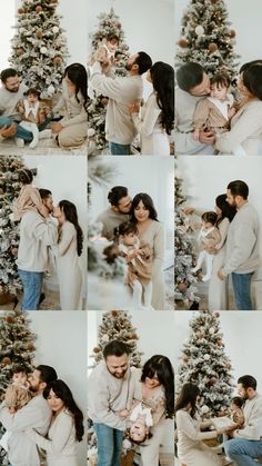 a collage of photos of a man and woman kissing in front of a christmas tree