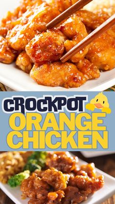 orange chicken with chopsticks and broccoli on the side, in front of an advertisement for crockpot