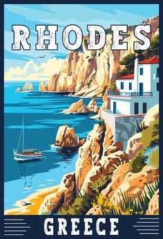 a poster with the words rhodes on it and a boat in the water