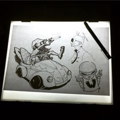 a drawing of some cartoon characters in a car with a hamburger and an alien riding on it