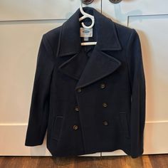 Size Small, Navy Blue, Brand New Navy Peacoat For Fall, Navy Long Sleeve Peacoat For Fall, Navy Casual Peacoat For Fall, Casual Blue Pea Coat, Blue Casual Long Sleeve Pea Coat, Casual Navy Long Sleeve Pea Coat, Casual Blue Double-breasted Outerwear, Navy Casual Pea Coat For Work, Blue Long Sleeve Pea Coat For Fall