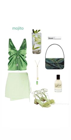 a woman's green outfit is shown with accessories