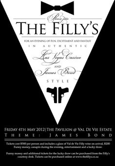 a black and white flyer for the filly's event with an image of two men in tuxedos