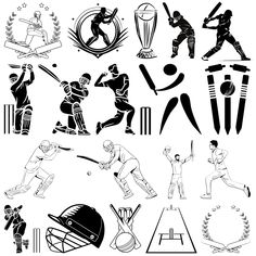 black and white silhouettes of various sports equipment including baseball, cricket, bowling, tennis, softball