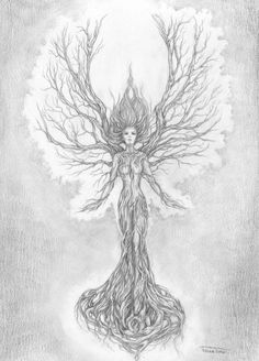 a drawing of a woman with trees in her arms and branches around her body, on a gray background