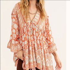 Brand New Just Bought This Last Month! Took The Tags Off But Never Wore It Summer Long Sleeve Orange Boho Dress, Orange Long Sleeve Boho Dress For Summer, Bohemian Mini Length Tops For Beach, Orange Long Sleeve Boho Dress For Beach, Flowy Orange Boho Dress, Bohemian Apricot V-neck Dress, Apricot Bohemian V-neck Dress, Flowy Orange Boho Dress With Long Sleeves, Orange Flowy Long Sleeve Boho Dress