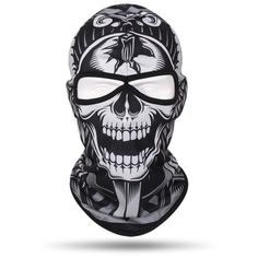 Introducing the Skull Balaclava Full Face Mask! This unique mask is perfect for anyone who loves skiing, snowboarding or riding a motorcycle. The mask covers your entire face and head, providing maximum protection from the cold, wind, and sun. The lycra material is stretchy and comfortable, and the free size ensures a perfect fit for everyone. The bold print makes this balaclava stand out from the rest, and the helmet-compatible design means you can wear it under your helmet for even more protec Black Windproof Full Face Balaclava, Black Full Face Balaclava For Winter Sports, Black Protective Full-face Balaclava, Black Full Face Protective Balaclava, Black Full Face Balaclava For Protection, Halloween Full Face Protection Mask, Full Face Halloween Protection Mask, Windproof Full Face Balaclava For Winter Sports, Black Balaclava For Snowboarding