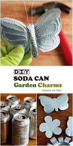 the cover of diy soda can garden charme, with images of butterflies and cans