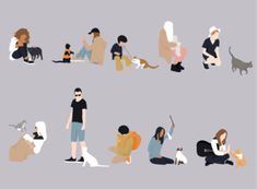 people sitting on the ground with dogs and cats