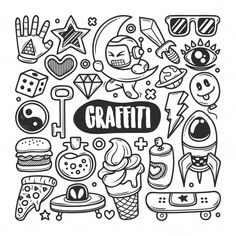 the word graffiti surrounded by doodles and icons