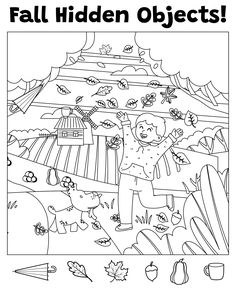 the fall hidden objects coloring page is shown in black and white, with an image of a