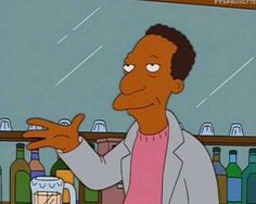 the simpsons character is standing in front of a bar full of liquor bottles and holding his hand up