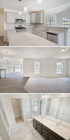 four different views of a kitchen, dining room and living room in an open floor plan